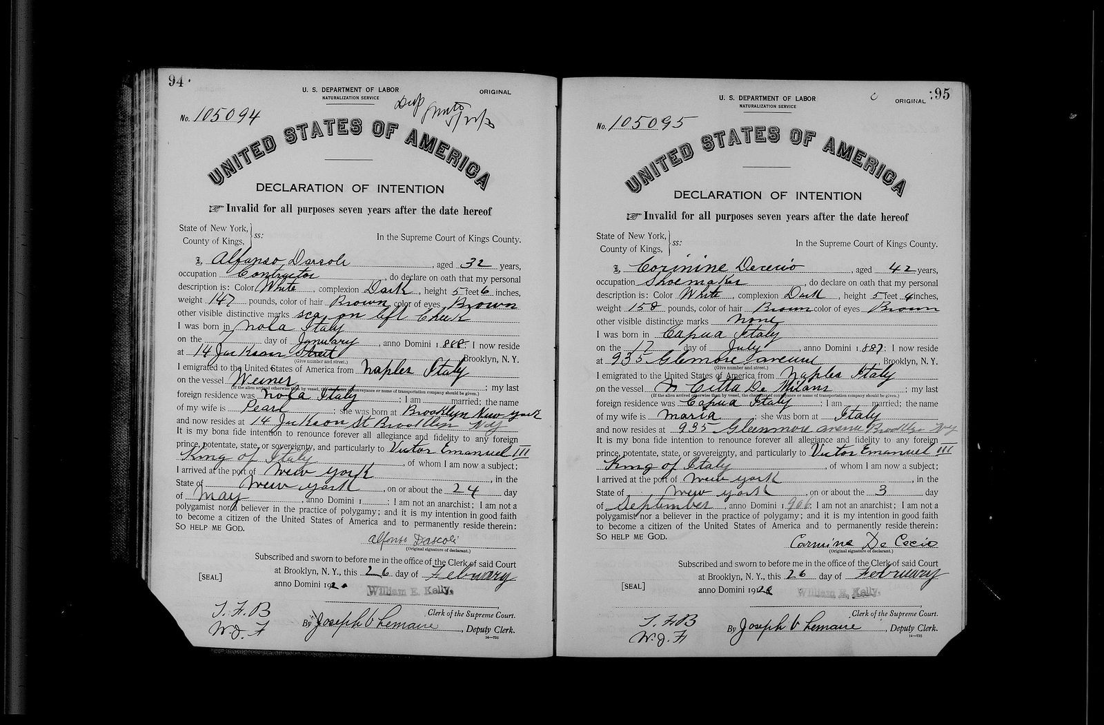 Alfonso Dascoli of 14 Jackson Street declares his intention, 1920: born in Nola