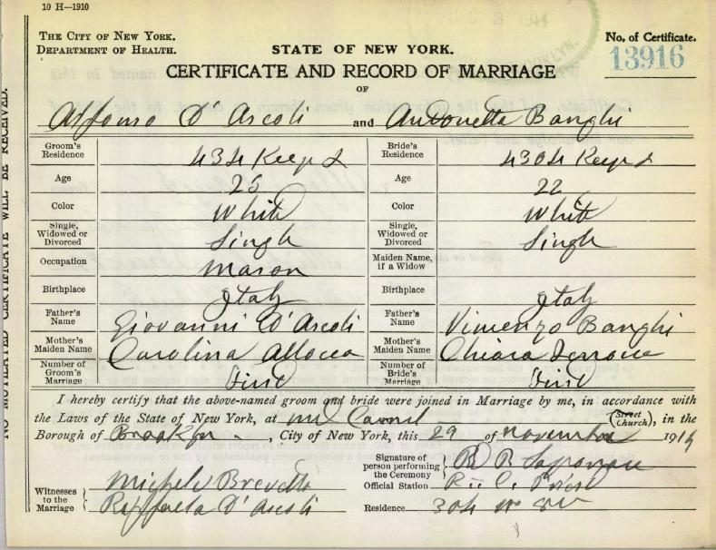 Alfonso D'Ascoli and Antonetta Banghi's marriage certificate, Brooklyn, 1914