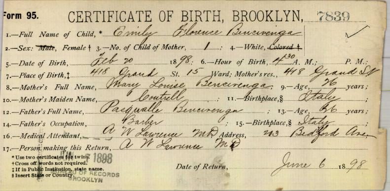 Amelia (Emily Florence) Bencivenga's birth certificate, Brooklyn, 1898