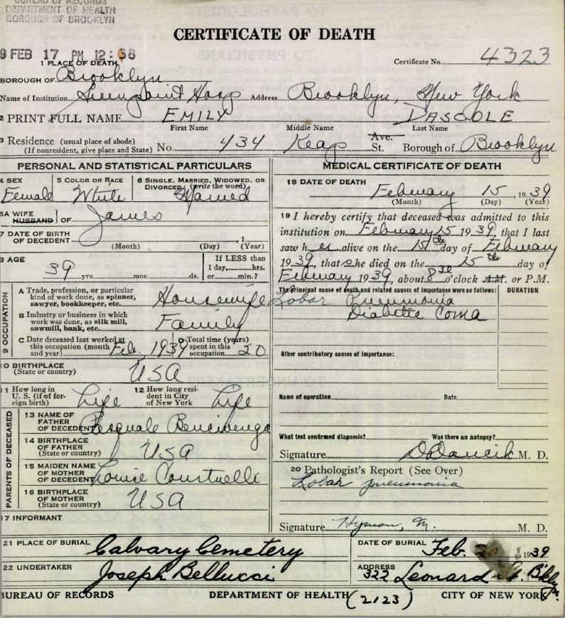 Amelia (Emily) Dascole's death certificate, Brooklyn, 1939