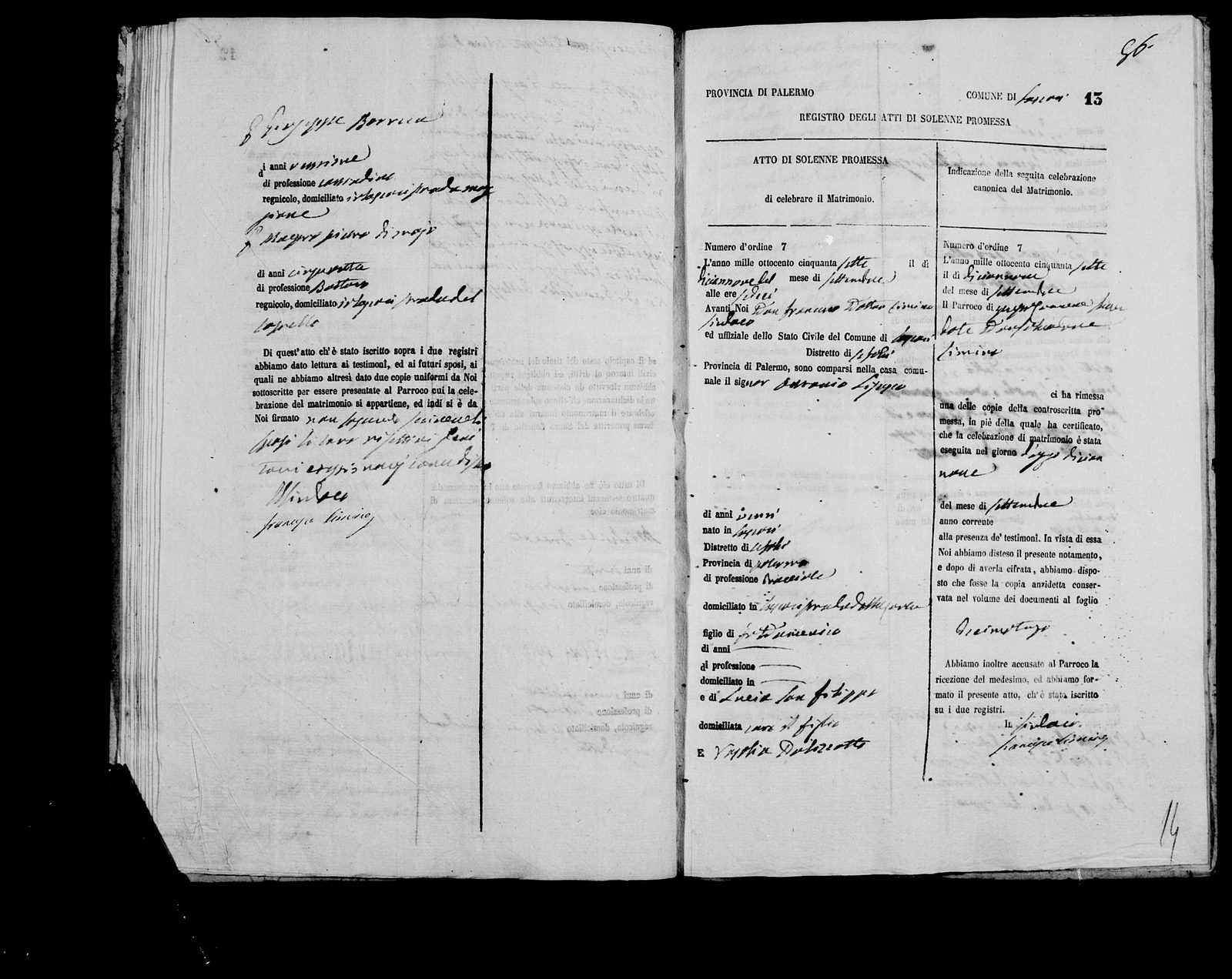 Antonio Lisuzzo and Rosalia Polizzotto's marriage, Lascari, 19 September 1857 (page 1)