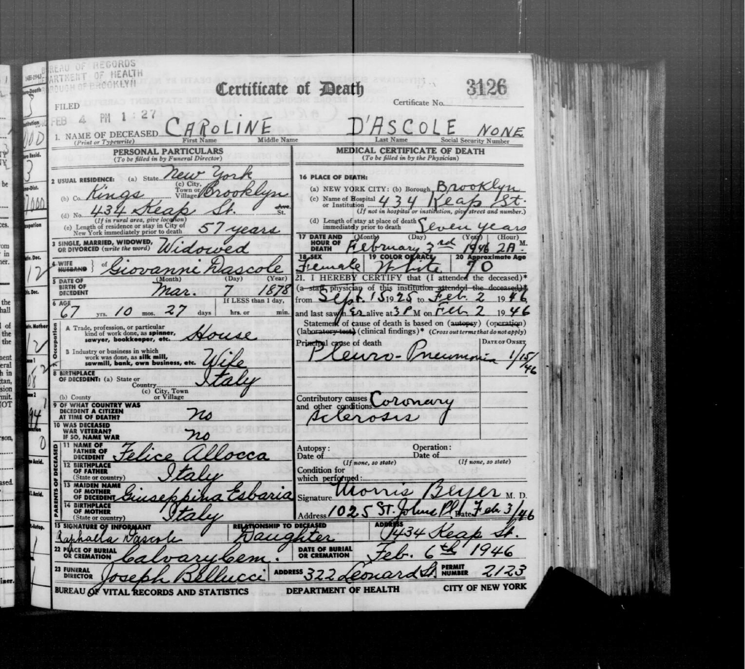 Caroline D'Ascoli's death certificate, Brooklyn, 1946: John's widow, not a US citizen