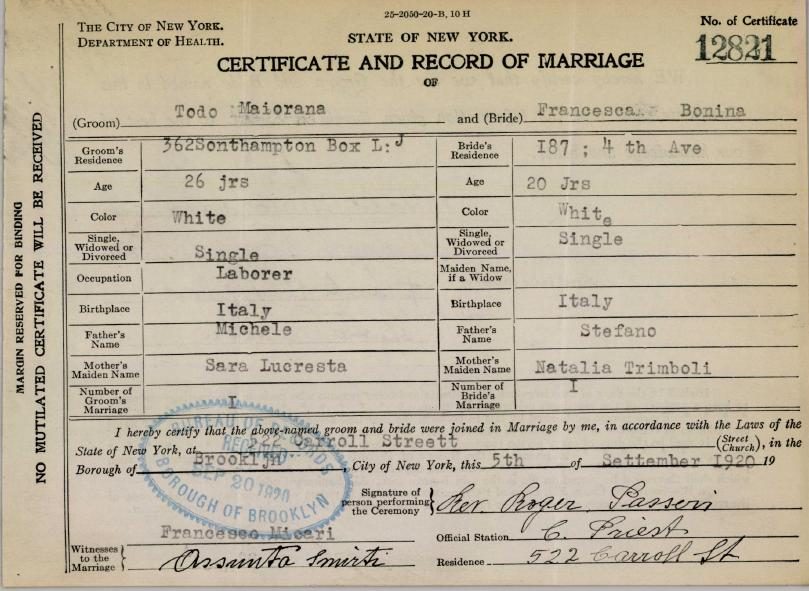 Francesca (Frances) Bonina and Todo Maiorana's marriage certificate, Brooklyn, 1920