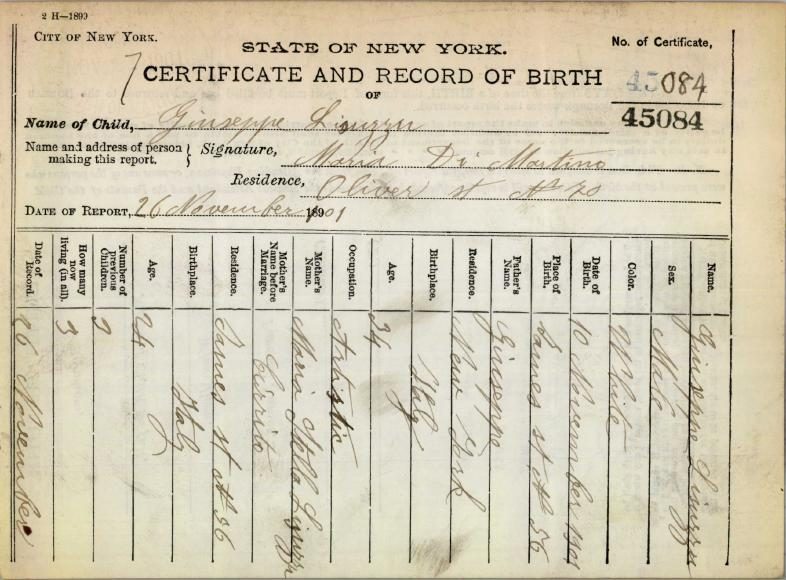 Giuseppe Lisuzzo Jr.'s birth certificate, Manhattan, 1901