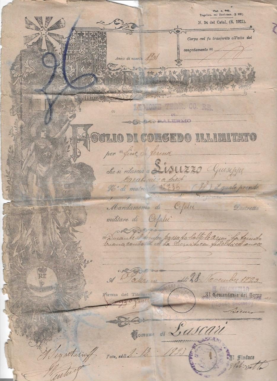 Giuseppe Lisuzzo Jr.'s discharge from the Carabinieri, Palermo, 28 November 1923 (page 1)