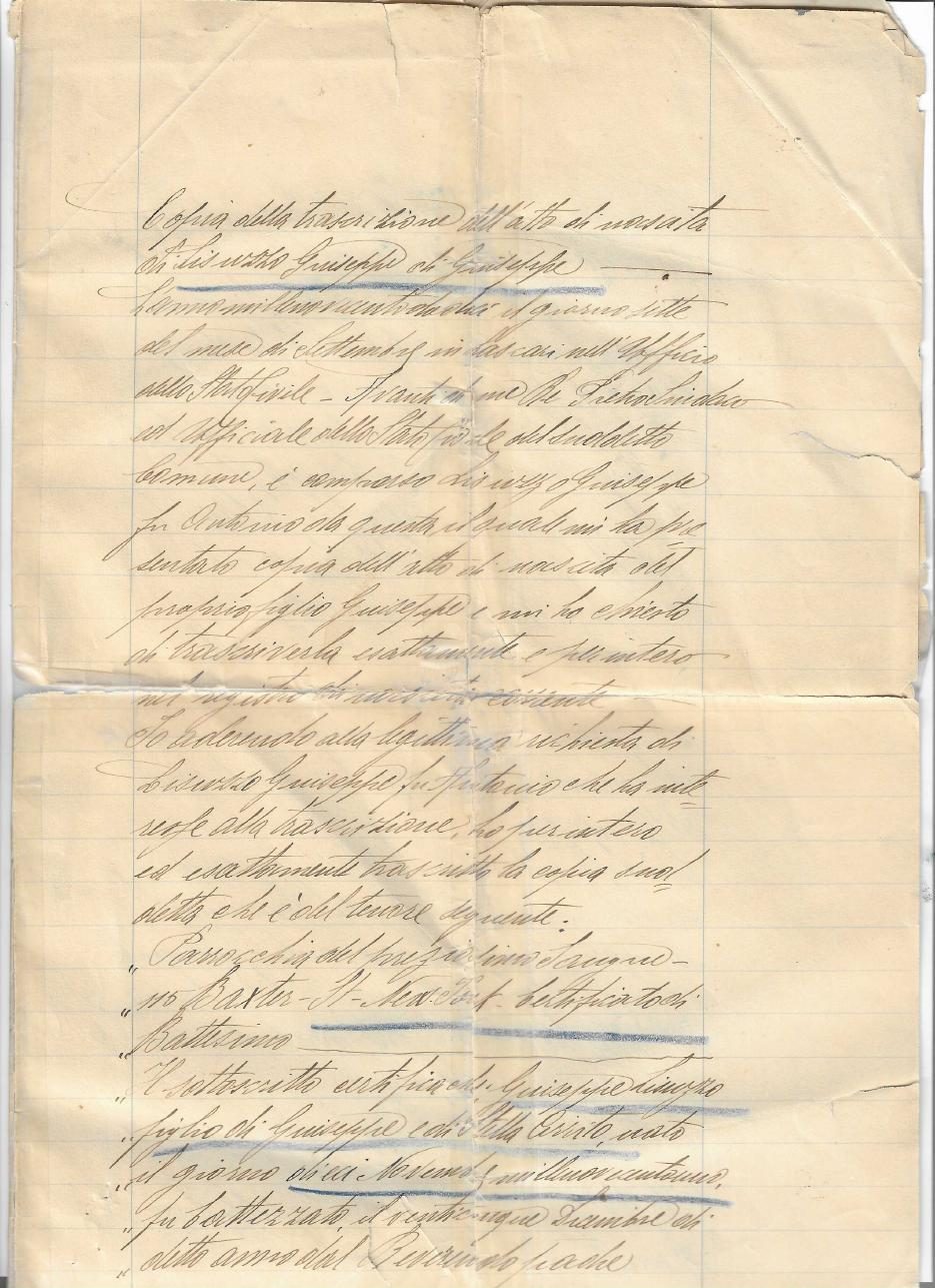 Giuseppe Lisuzzo Jr.'s birth, entered in the Lascari register in 1912 (certified copy of 1924, with the US visa stamp) (page 1)
