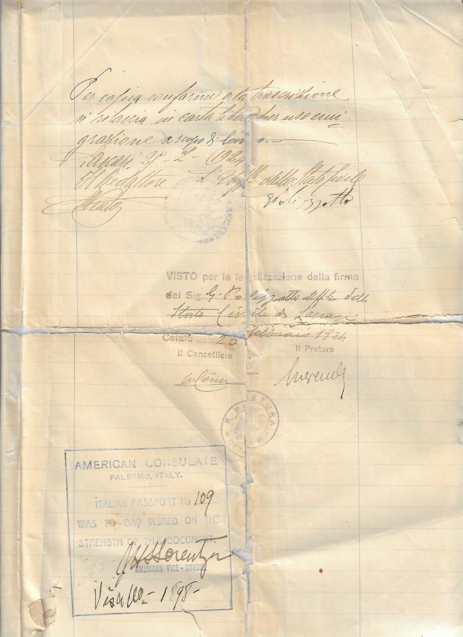 Giuseppe Lisuzzo Jr.'s birth, entered in the Lascari register in 1912 (certified copy of 1924, with the US visa stamp) (page 3)