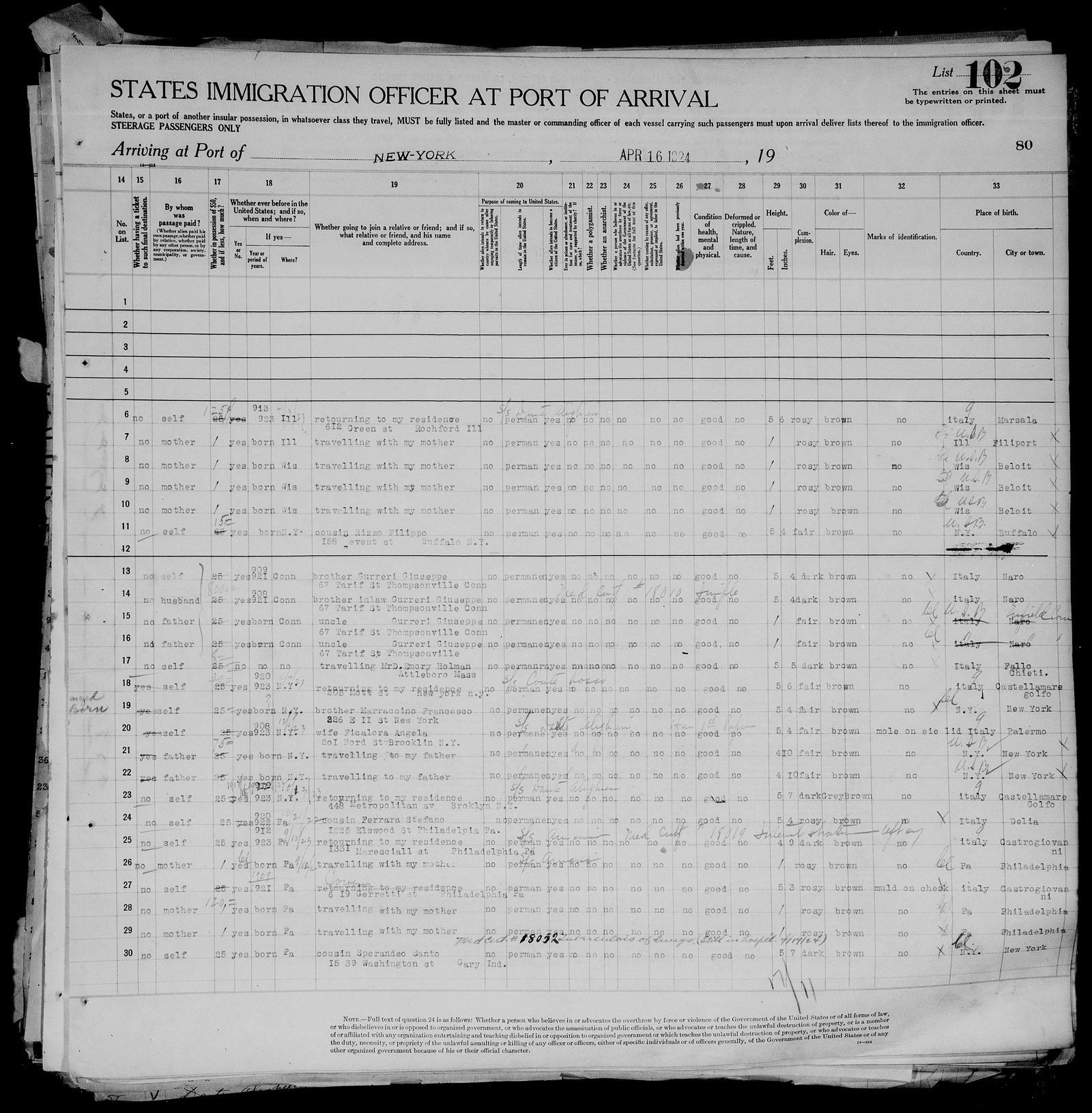 Giuseppe Lisuzzo Jr. returns from Lascari, 16 April 1924, admitted as a US citizen (page 2)