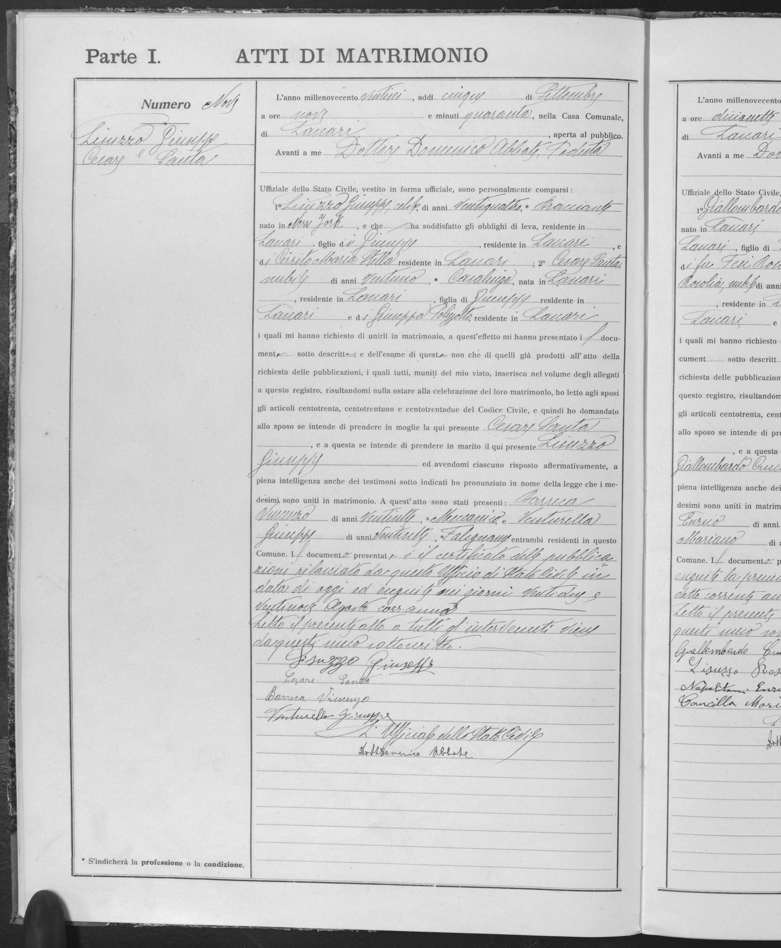 Giuseppe Lisuzzo Jr. and Santa Cesare's marriage act, Lascari, 5 September 1926