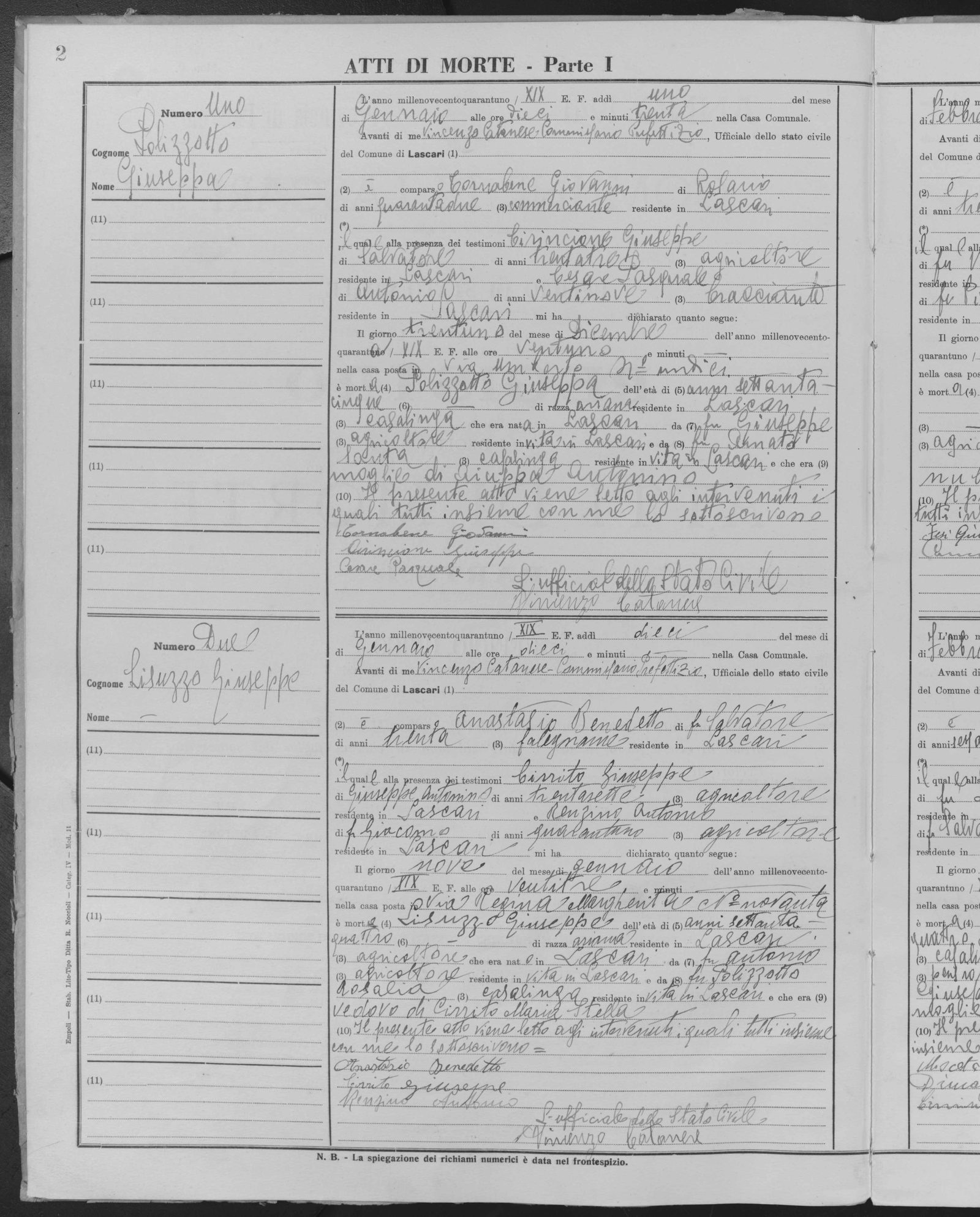 Giuseppe Lisuzzo Sr.'s death act, Lascari, 9 January 1941