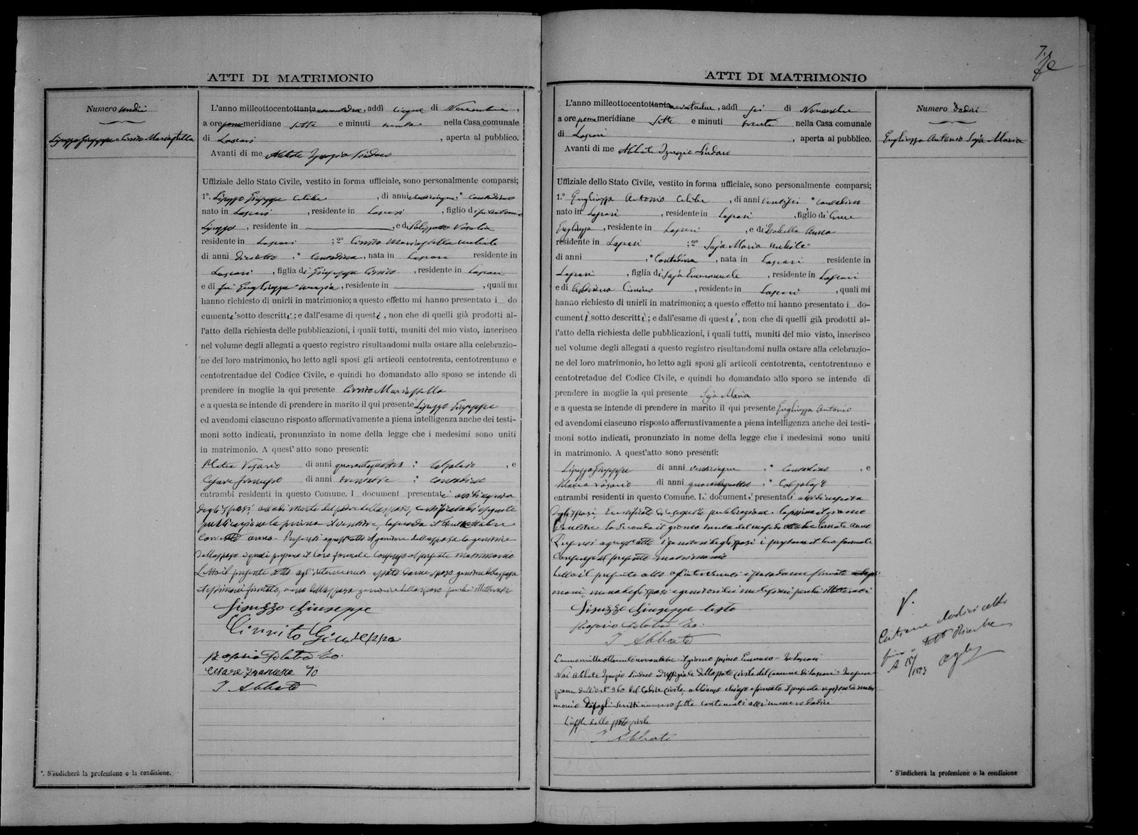 Giuseppe Lisuzzo and Maria Stella Cirrito's marriage act, Lascari, 1892