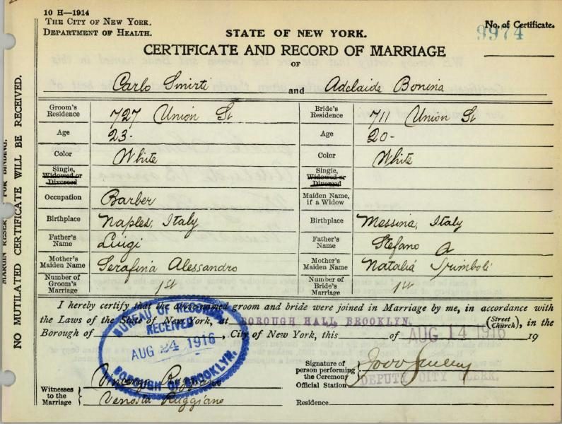 Adelaide (Ida) Bonina and Carlo Smirti's marriage certificate, Brooklyn, 1916