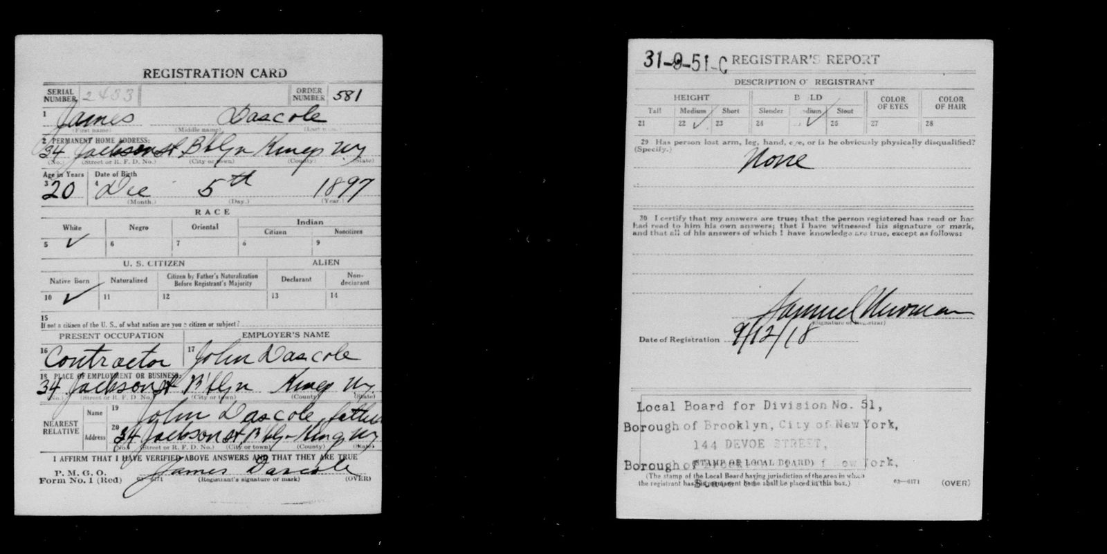 James Dascole's WWI draft card, 12 September 1918: 