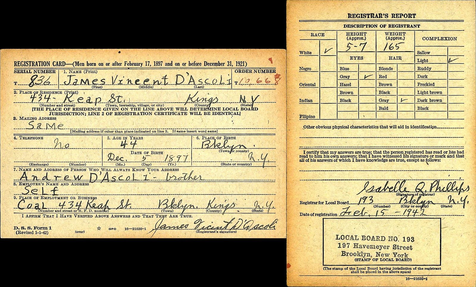 James Vincent D'Ascoli's WWII draft card, 15 February 1942
