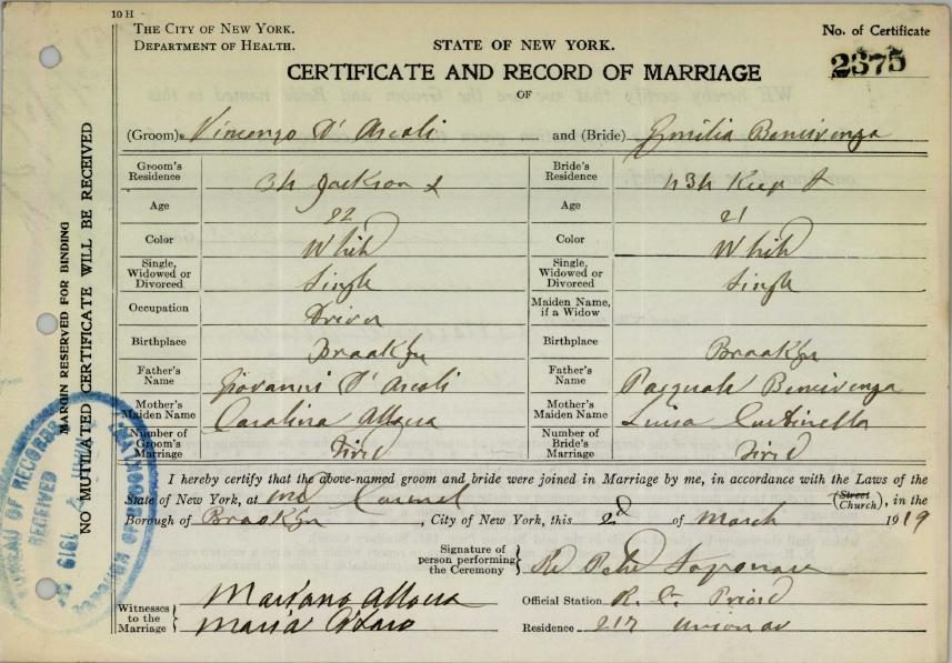 James (Vincenzo) D'Ascoli and Amelia Bencivenga's marriage certificate, Brooklyn, 1919 (page 1)