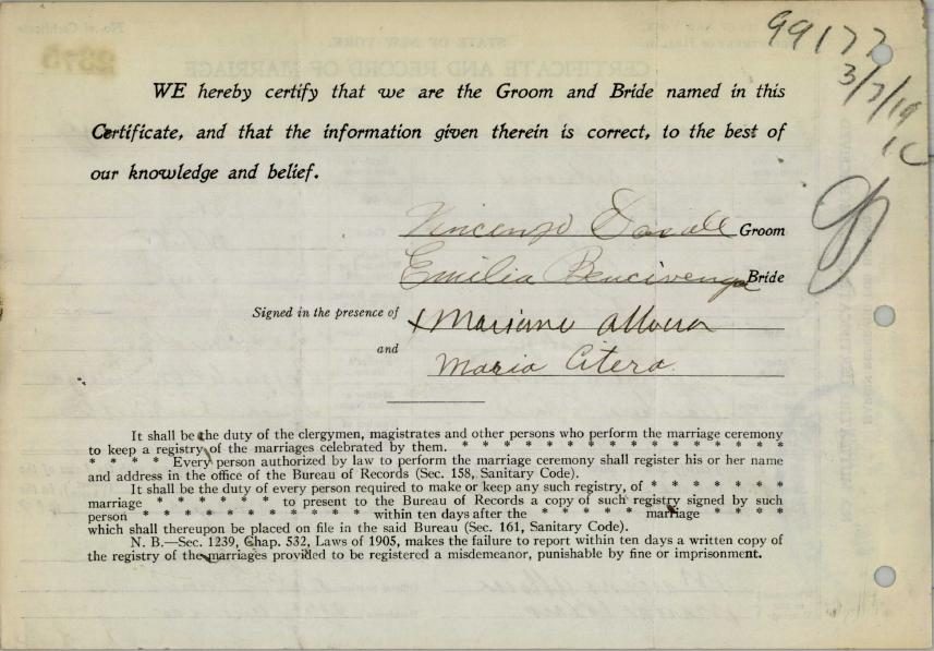 James (Vincenzo) D'Ascoli and Amelia Bencivenga's marriage certificate, Brooklyn, 1919 (page 2)