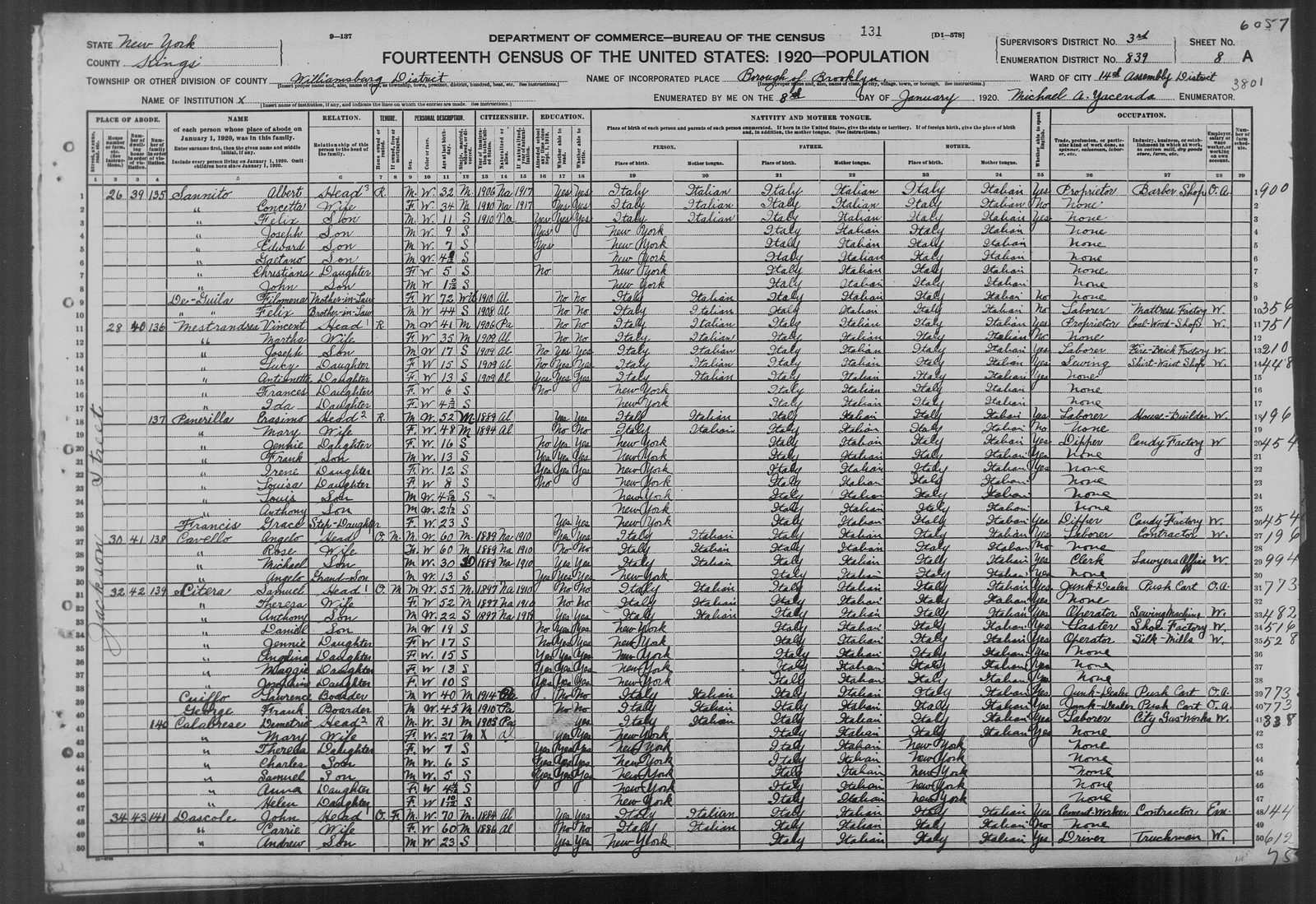 1920 census, 34 Jackson Street: John an alien at seventy