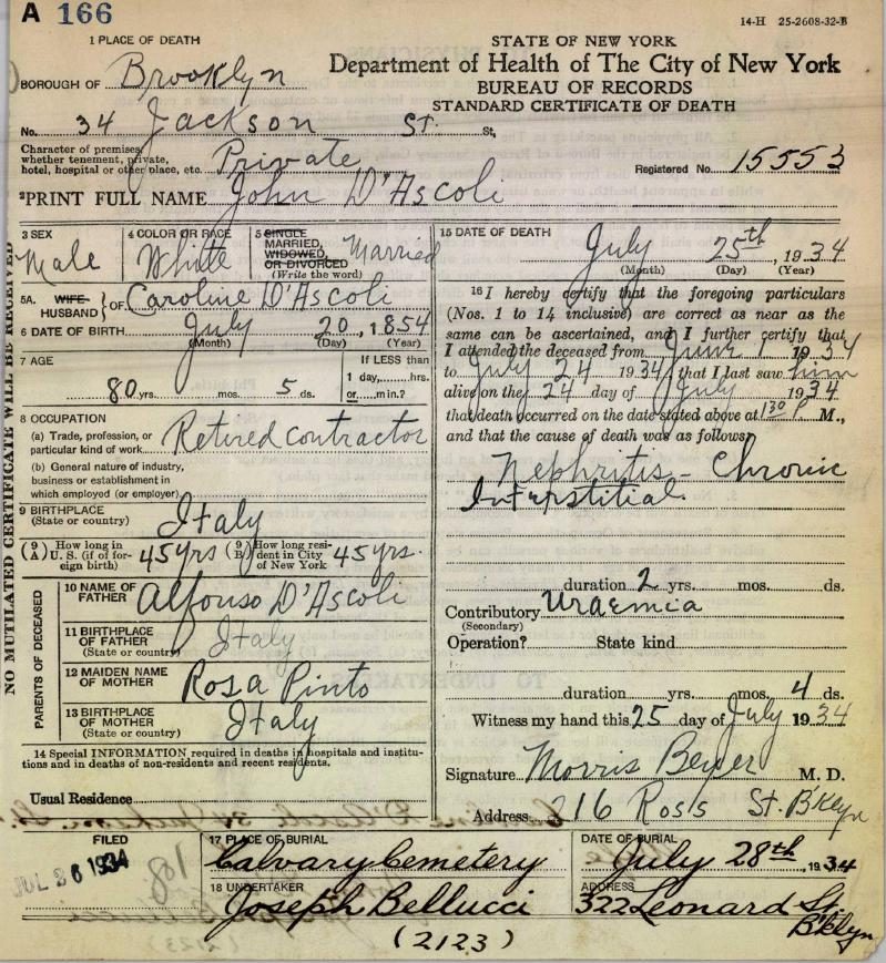 John D'Ascoli's death certificate, Brooklyn, 1934