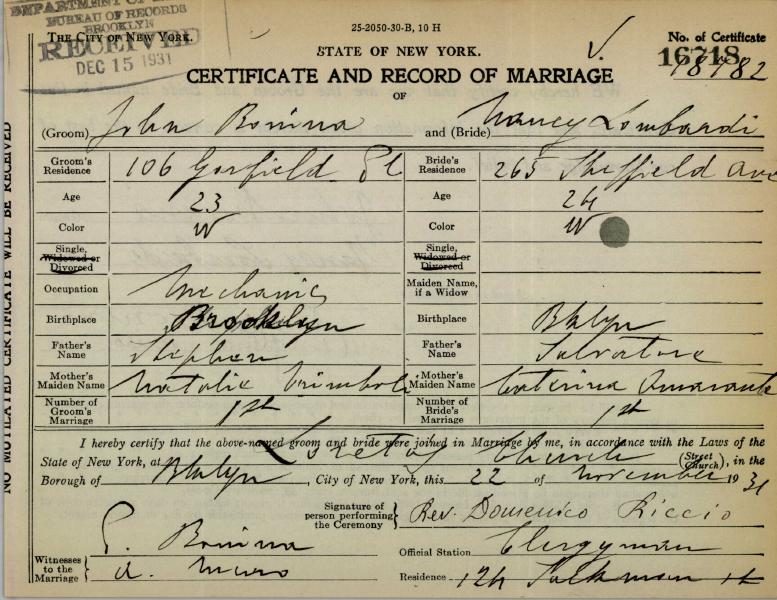 John Bonina and Nancy Lombardi's marriage certificate, Brooklyn, 1931 (page 1)