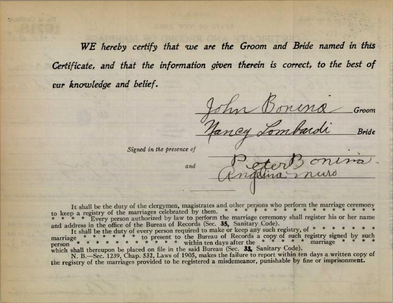 John Bonina and Nancy Lombardi's marriage certificate, Brooklyn, 1931 (page 2)