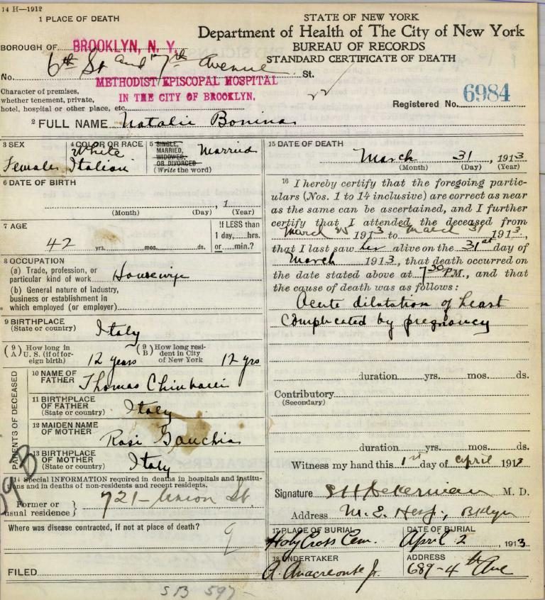 Natala Bonina's death certificate, Brooklyn, 1913 (page 1)