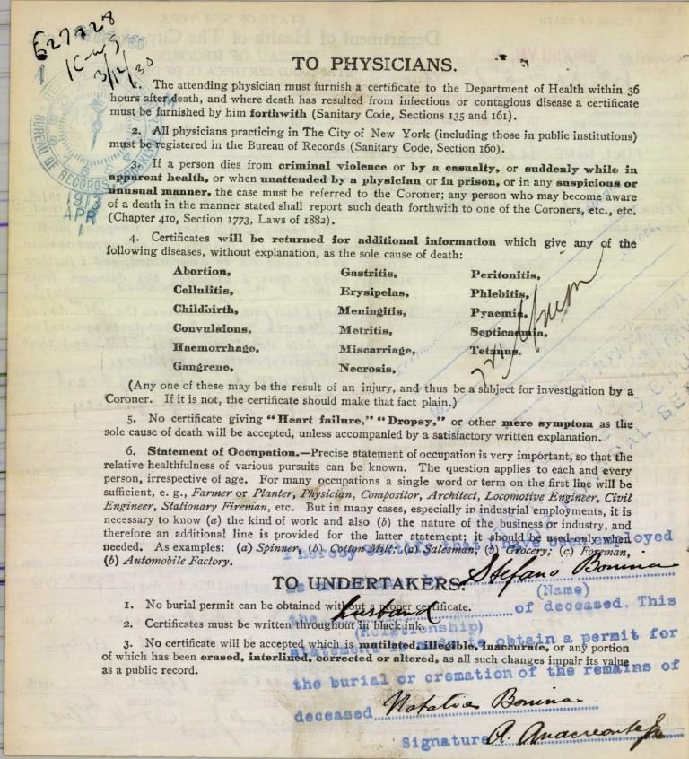 Natala Bonina's death certificate, Brooklyn, 1913 (page 2)