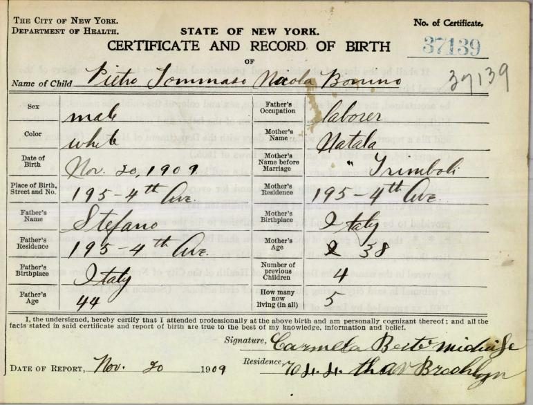 Papa Petey's birth certificate, Brooklyn, 1909