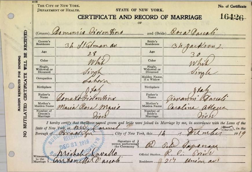 Rose D'Ascoli and Domenico Fiorentino's marriage certificate, Brooklyn, 1919