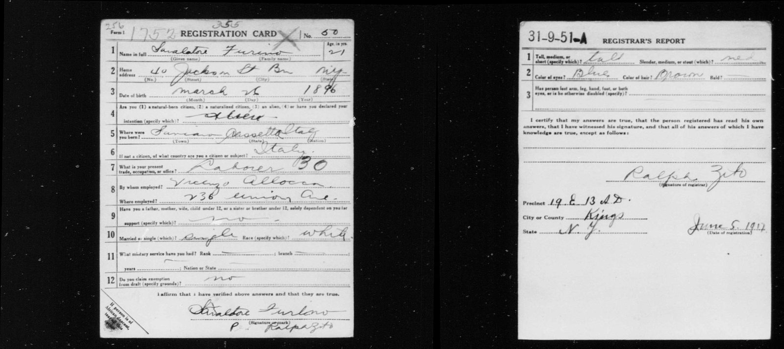 Salvatore Furino's WWI draft card, June 1917: an alien, 