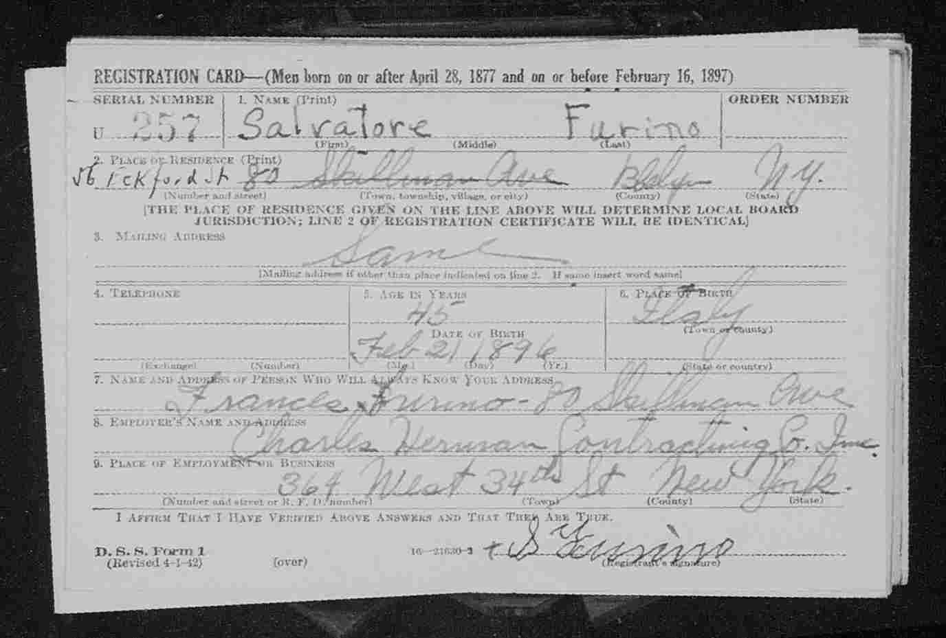 Salvatore Furino's WWII draft card, April 1942