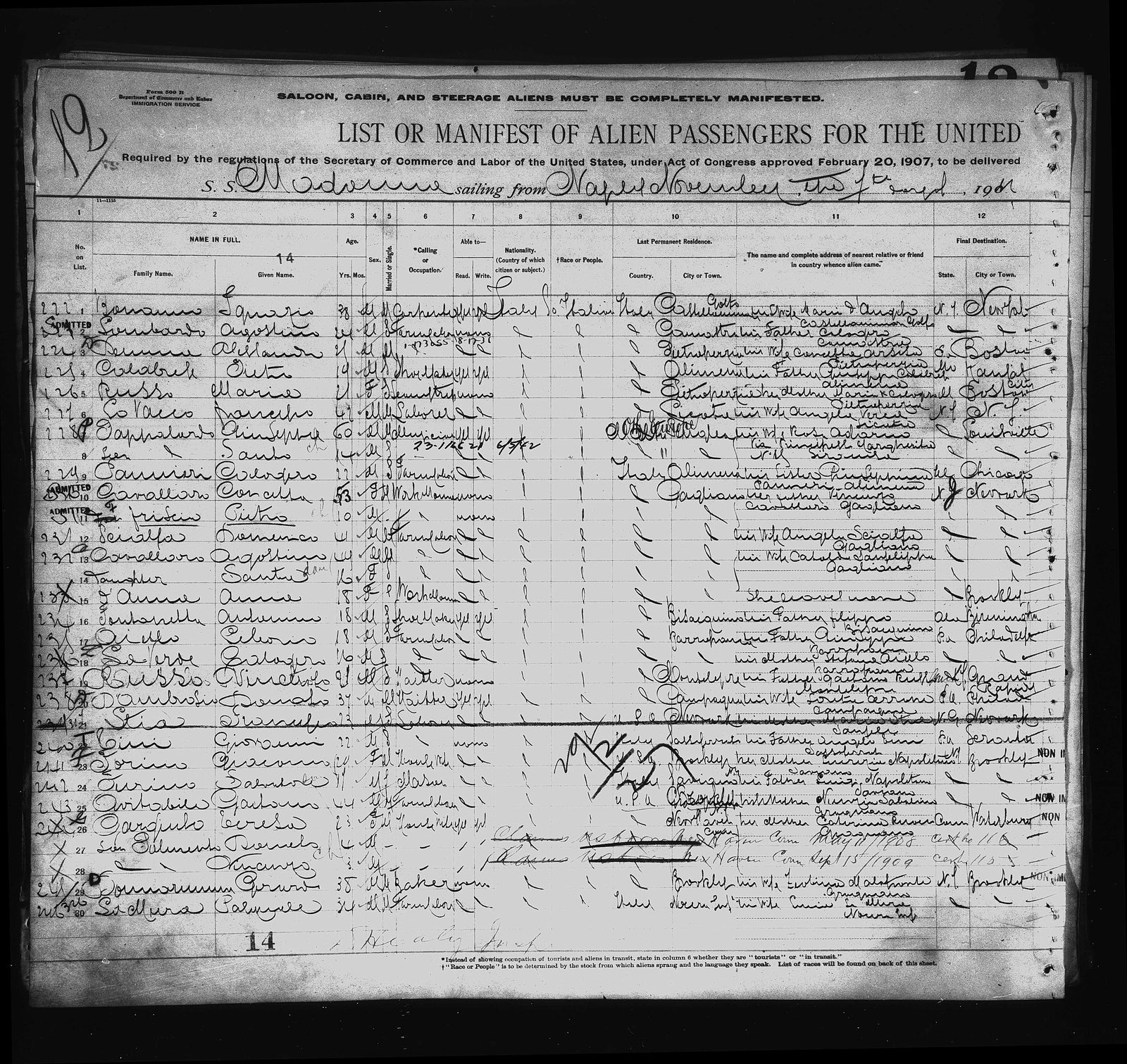 Salvatore Furino lands at Ellis Island, 21 November 1912 (page 1)
