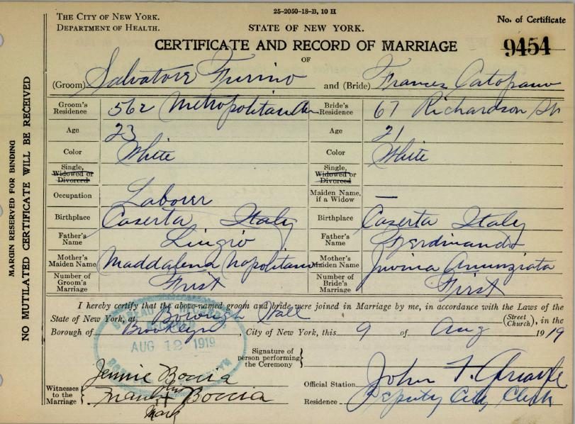 Salvatore Furino and Frances Catapano's marriage certificate, Brooklyn, 1919 (page 1)