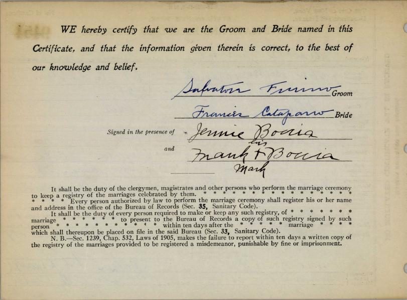 Salvatore Furino and Frances Catapano's marriage certificate, Brooklyn, 1919 (page 2)