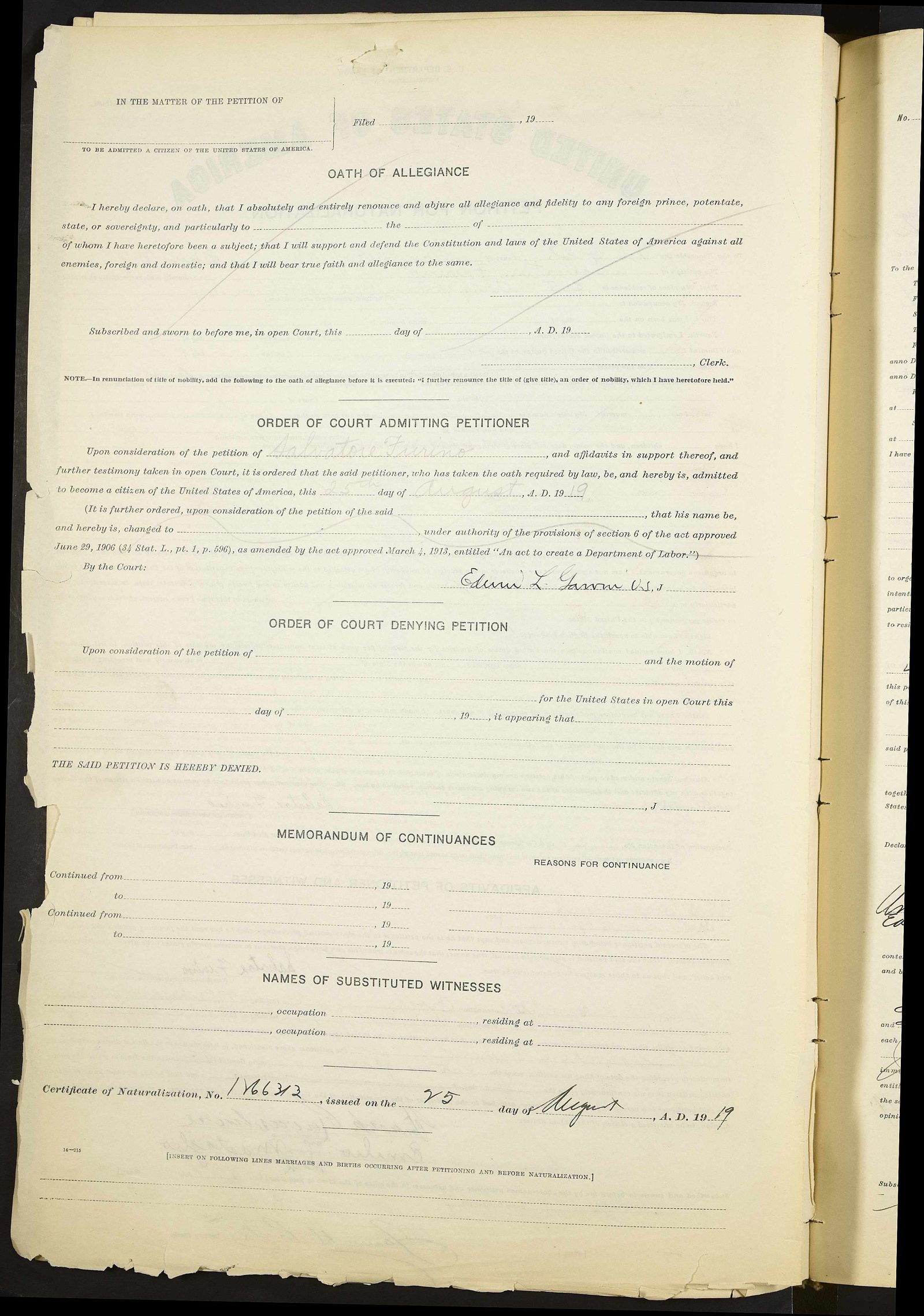 Salvatore Furino's petition for naturalization, sworn in France in 1918, granted 25 August 1919 (page 2)