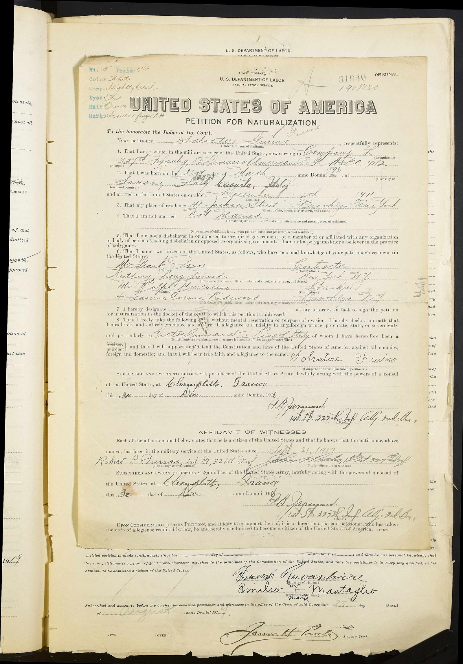 Salvatore Furino's petition for naturalization, sworn in France in 1918, granted 25 August 1919 (page 1)