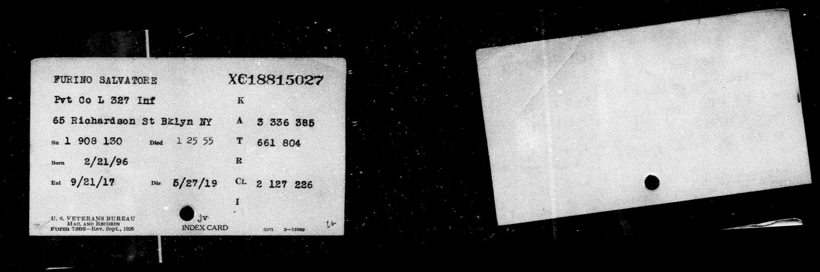 Salvatore Furino's Veterans Bureau index card