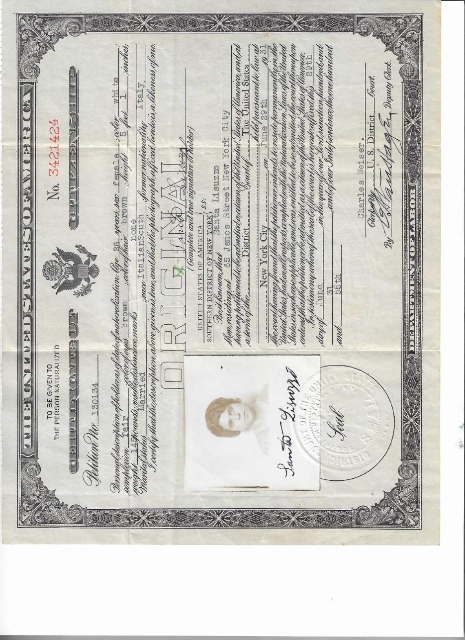 Santa Lisuzzo's certificate of naturalization, 29 June 1931