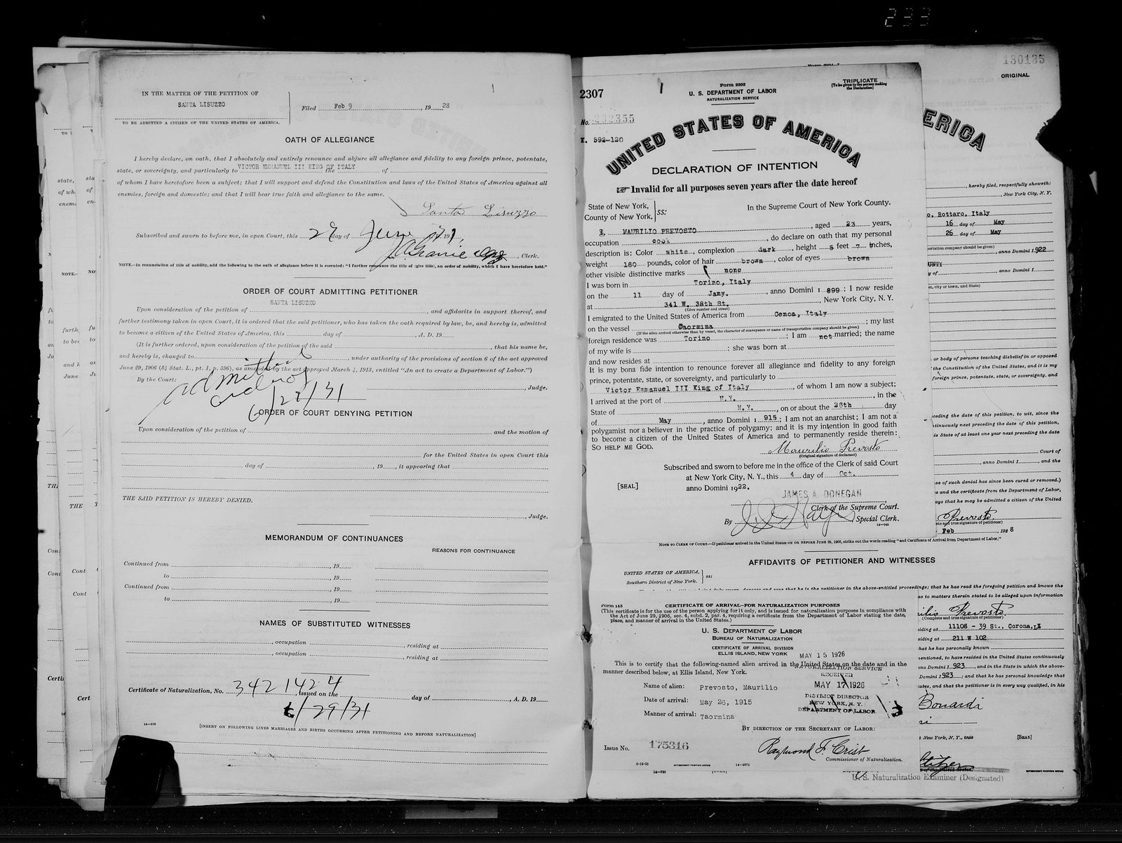 Santa Lisuzzo's petition for naturalization, filed 1928, granted 29 June 1931 (page 2)
