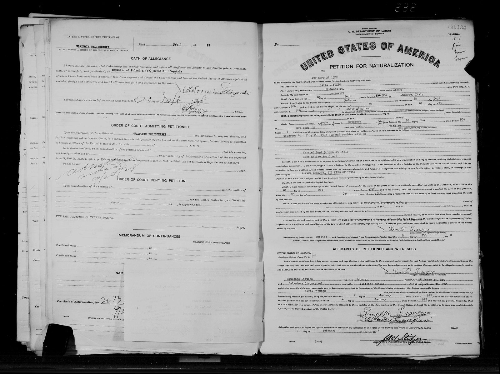 Santa Lisuzzo's petition for naturalization, filed 1928, granted 29 June 1931 (page 1)
