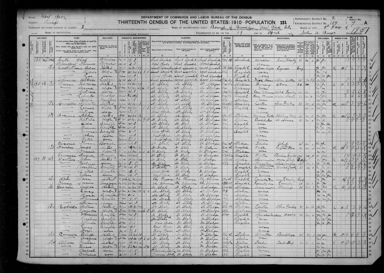 1910 census, Fourth Avenue, Brooklyn: Stefano is an alien