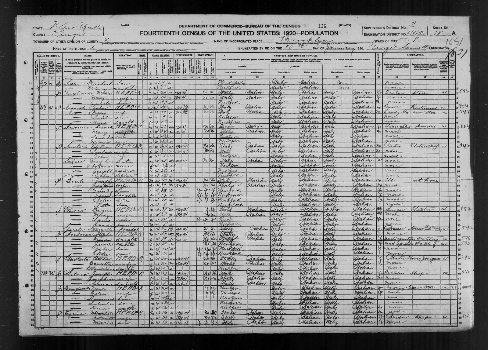 1920 census, 187 4th Avenue, Brooklyn: still an alien