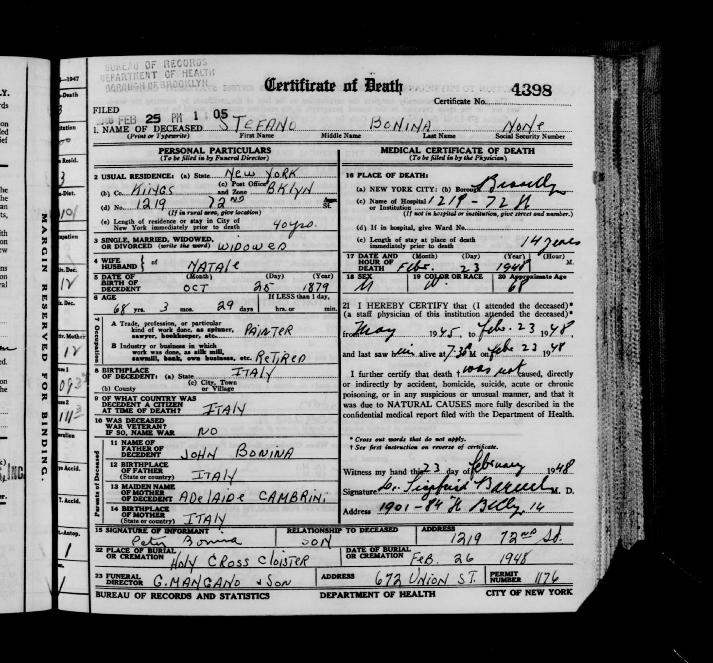 Stefano Bonina's death certificate, Brooklyn, 1948: 