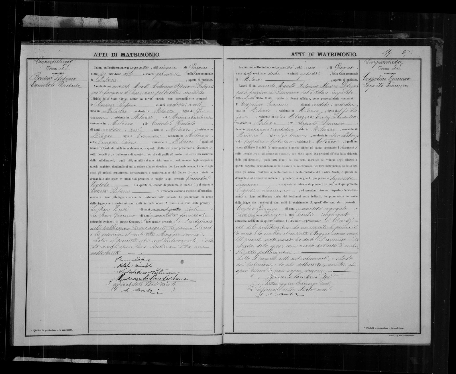Stefano Bonina and Natala Trimboli's marriage act, Milazzo, 1894